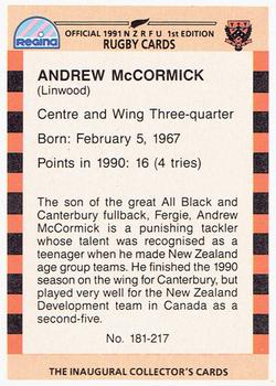 1991 Regina NZRFU 1st Edition #181 Andrew McCormick Back